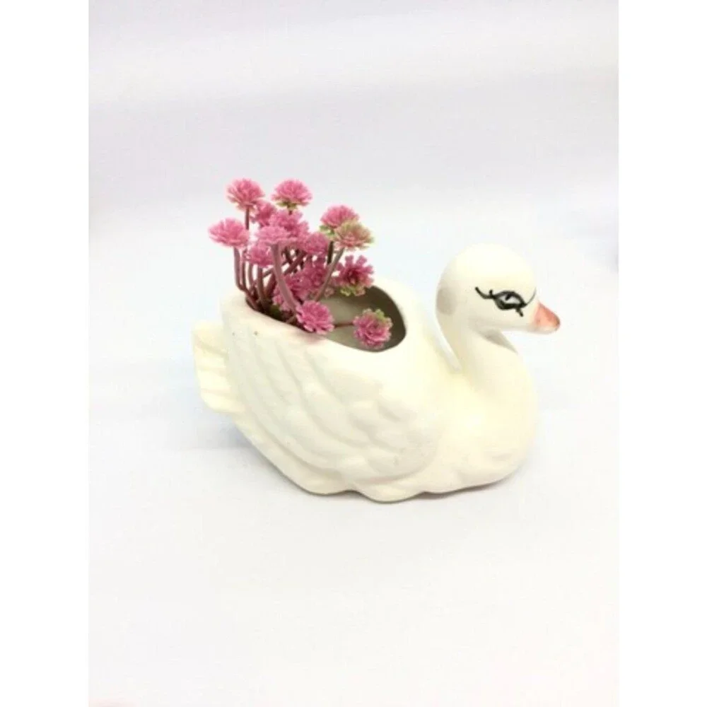 VINTAGE SWAN PLANTERS White Ceramic Pair Made In Japan MCM Bird Figurines